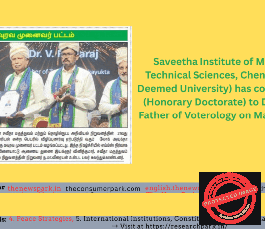 D.Sc., Honorary Doctorate to Dr.V.Ramaraj, Father of Voterology Theme: Honorary Doctorate (D.Sc.,) -Dr V Ramaraj, Tamil Nadu Lokayukta, Image by “The News Park”